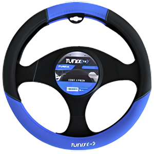 FUNDA PARA VOLANTE NEGRA MEDIANA DE 38 CM CON PUNTITOS AZUL (PIEZA)