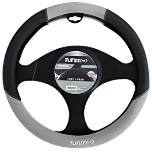 FUNDA PARA VOLANTE NEGRA MEDIANA DE 38 CM CON PUNTITOS GRIS (PIEZA)