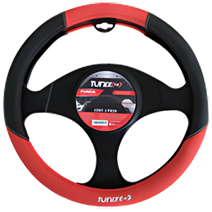FUNDA PARA VOLANTE NEGRA MEDIANA DE 38 CM CON PUNTITOS ROJO (PIEZA)
