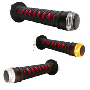 PUÑO PARA MANUBRIO CUBIERTO DE HULE TIPO KATANA DORDA CON LUZ AZUL Y DIRECCIONAL AMBAR (PAR)