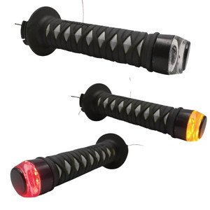 PUÑO PARA MANUBRIO CUBIERTO DE HULE TIPO KATANA NEGRA CON LUZ ROJA Y DIRECCIONAL AMBAR (PAR)