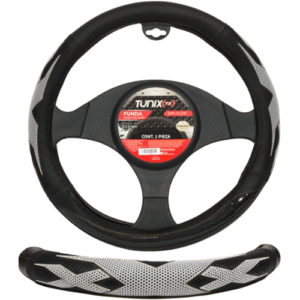 FUNDA PARA VOLANTE  MEDIANA DE 38 CM NEGRA CON 4 SECCIONES Y DOS ANTIDERRAPANTE GRIS (PIEZA)