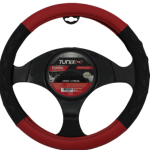 FUNDA PARA VOLANTE  MEDIANA DE 38 CM BASE NEGRA CON LATERALES EN RELIEVE CON ONDAS ROJO (PIEZA)